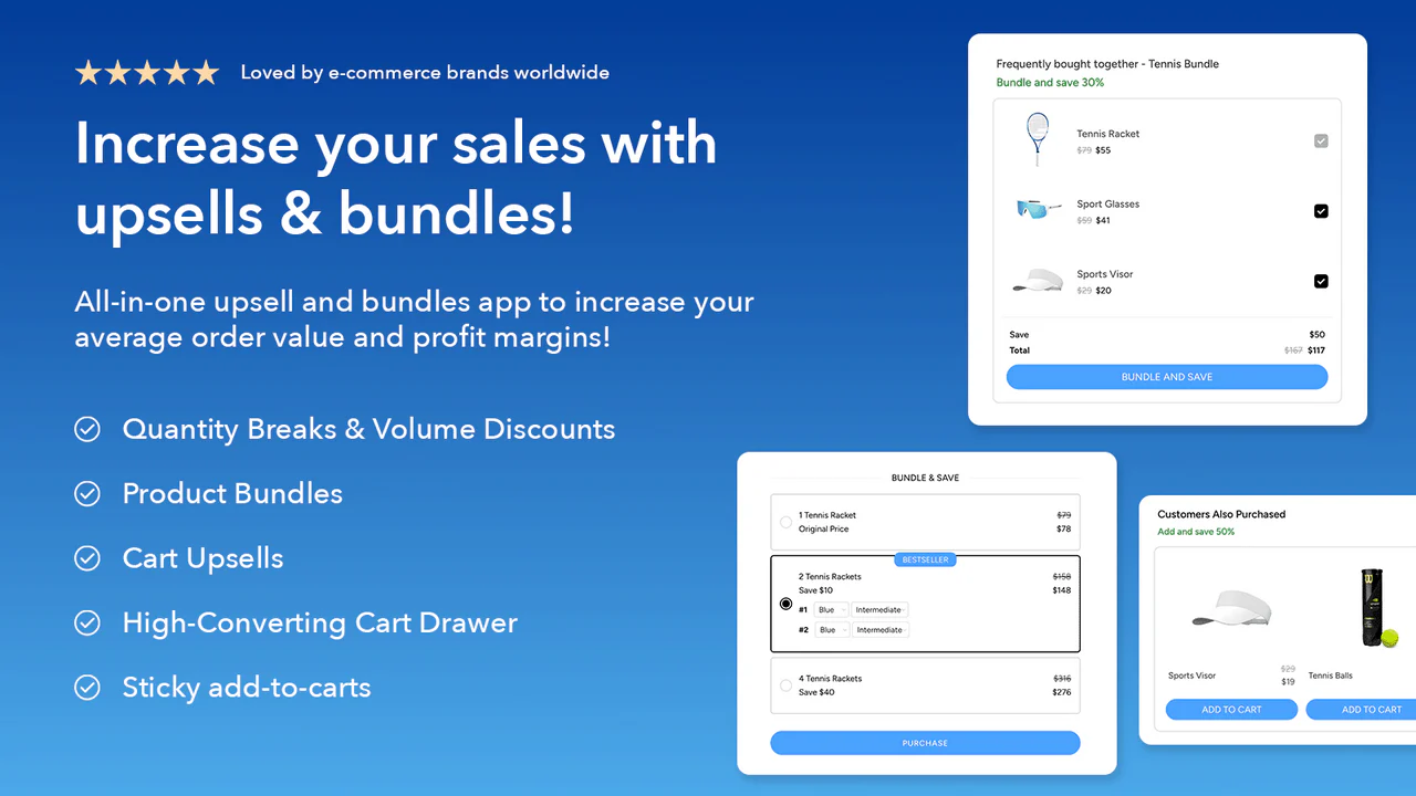 LaunchLab bundle, quantity break and cart upsell examples for a Shopify store