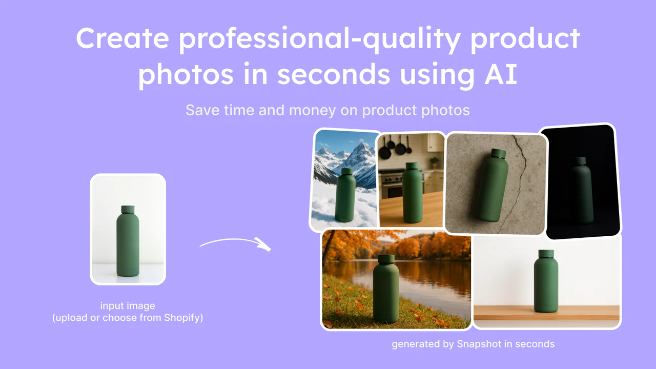 Snapshot transforming a simple bottle photo into multiple professional AI product scenes